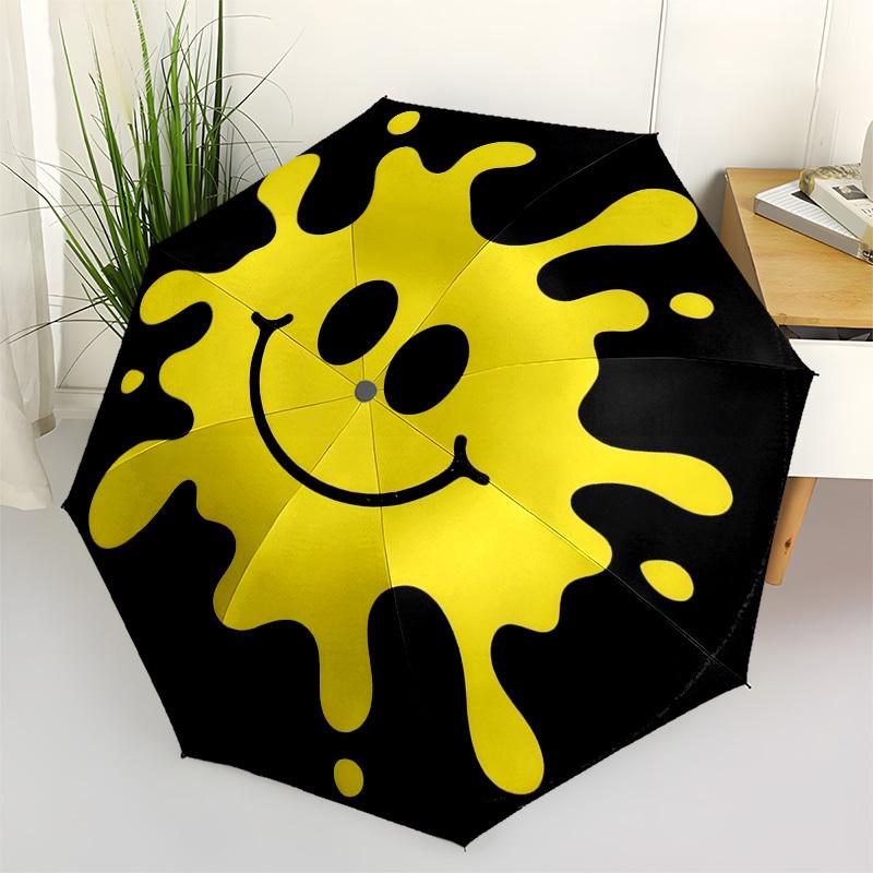 1pc smiley sun Automatic Folding Umbrella, Heavy Duty 8 Rib Iron Frame,  Suitable for Travel, Daily Use, Birthday, Decor Gift  54