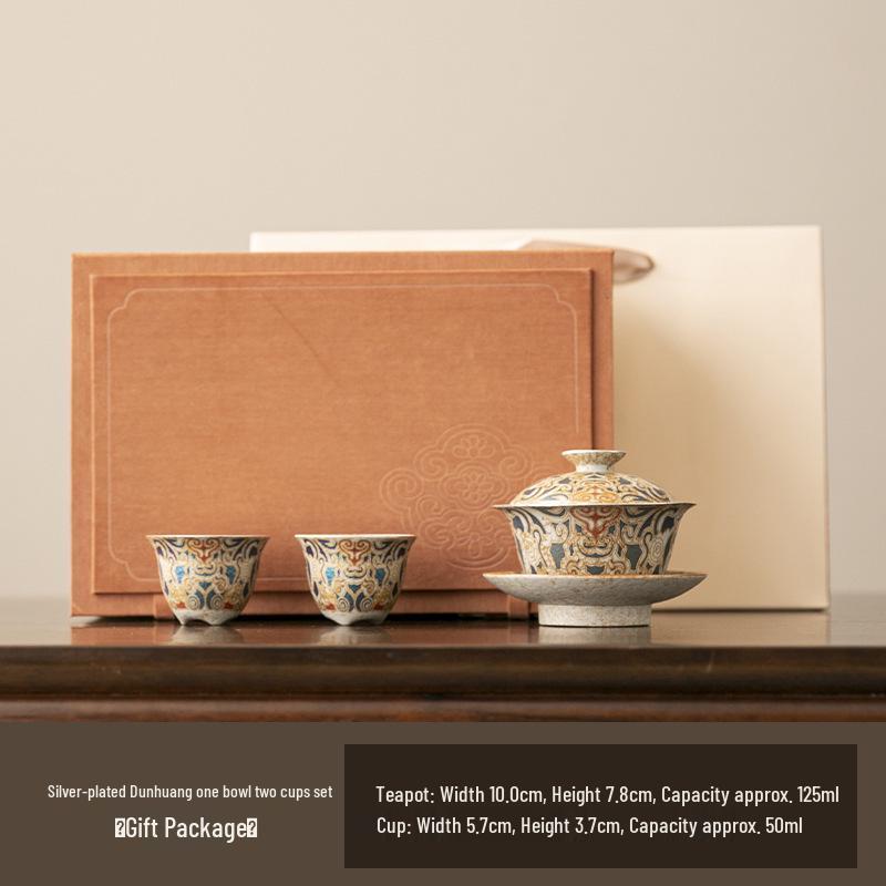 Silver-Plated Dunhuang Retro Gongfu Tea Set - Exquisite Ceramic Brewing & Drinking Utensils in Gift Box