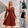 Women Spring Solid Color V-Neck Long Sleeve Dress Summer Casual A-Line High Waist Above Knee Jacquard Dresses S-XL