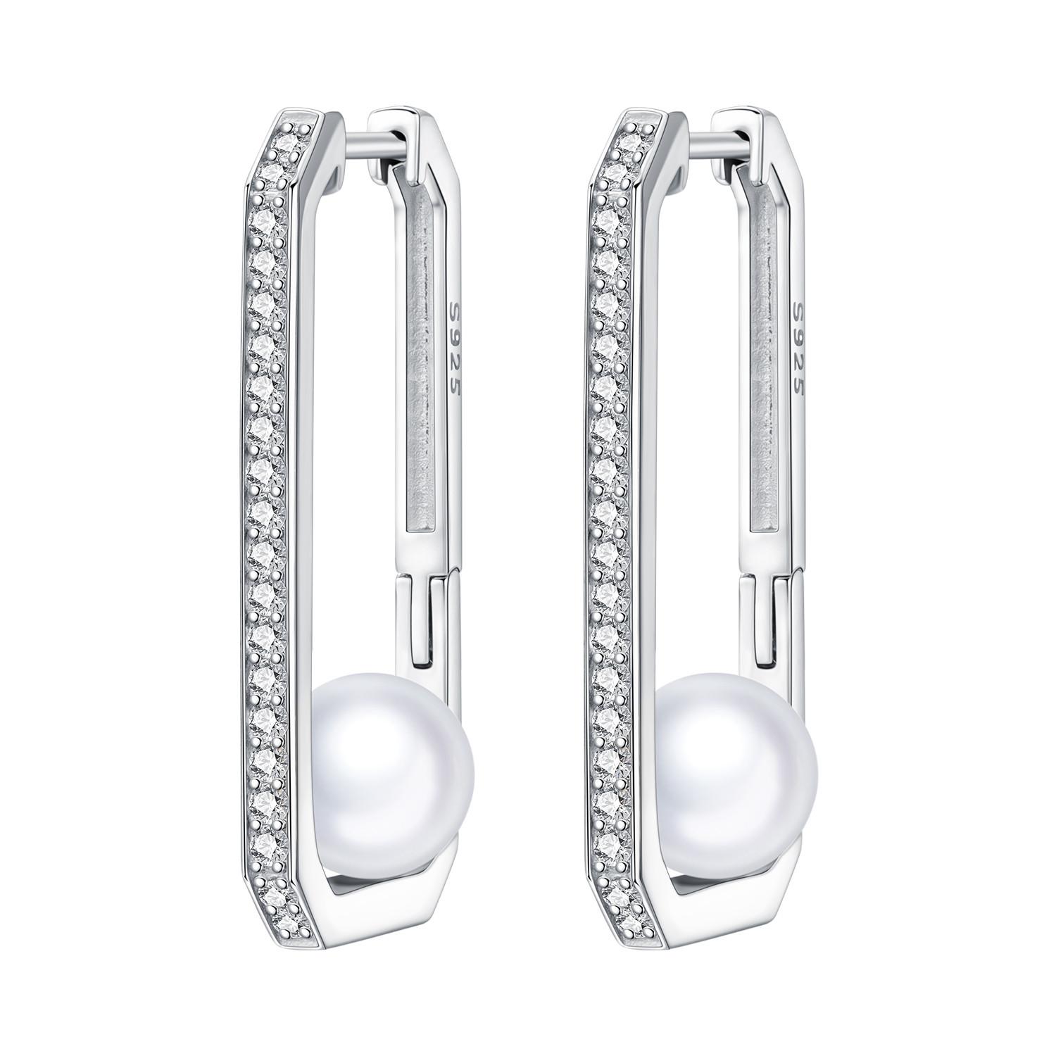 S925 Sterling Silver Basic Box Pearl Earrings Hoop Earrings Women Jewelry Original Trendy Anniversary Gifts