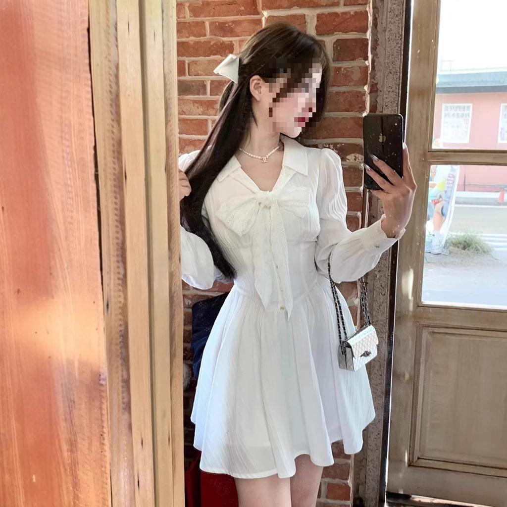 Double-layer Sleeve Throbbing Small White Dress Lace Long-sleeved Shirt Dress French Stunning White Spring and Summer Skirt To Wear