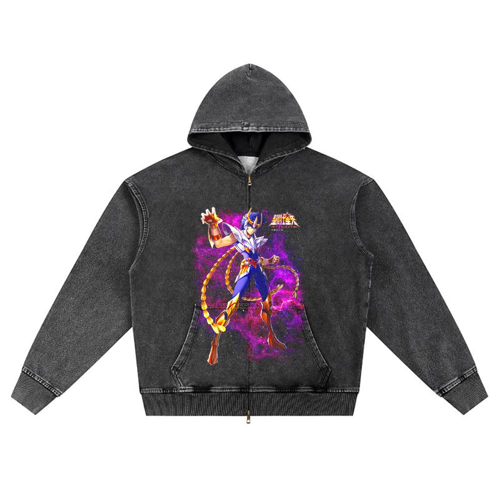 DTG Print Knitted Denim Zip-Up Hoodie Caballero Fenix Brother Print Zipper Hoodies  