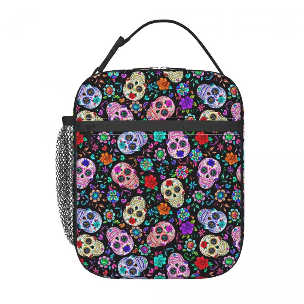 Sugar Skull Mexican Flower Halloween Day Of The Dead Insulated Lunch Bag for Women Kids Food Boxes Thermal Lunch Box Tote
