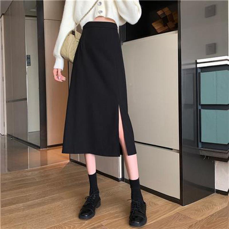 2021 Plus Size High Waist A-Line Midi Skirt - Black Slimming Bodycon with Slit