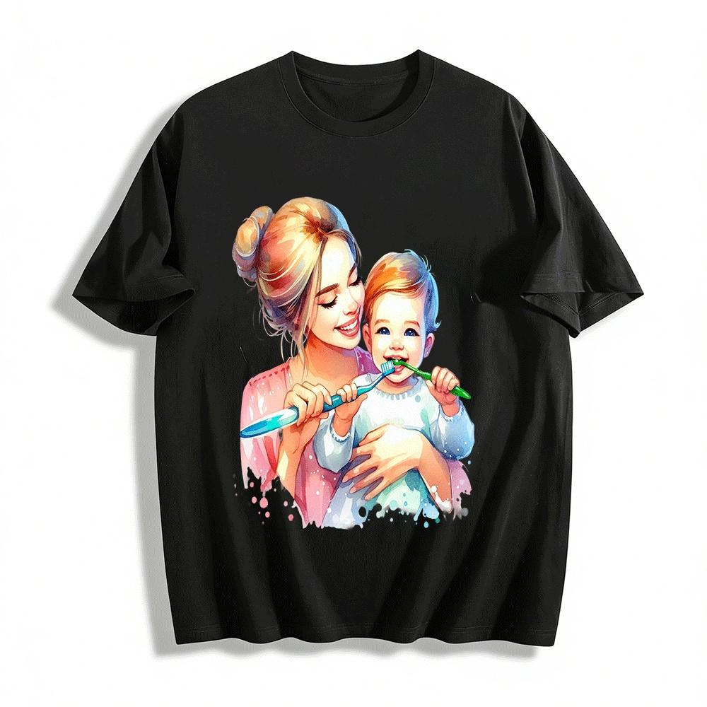 Warm Parent-child Tooth-brushing Print T-shirt For Family Pure cotton T-shirt XXS