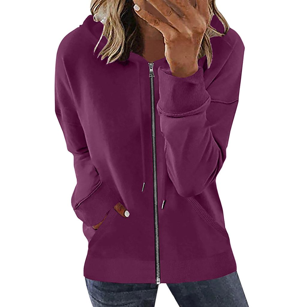 Women's Loose Fit Solid Color Zip Up Hooded Long Sleeve Sweatshirt Casual Pocket Hoodie Top