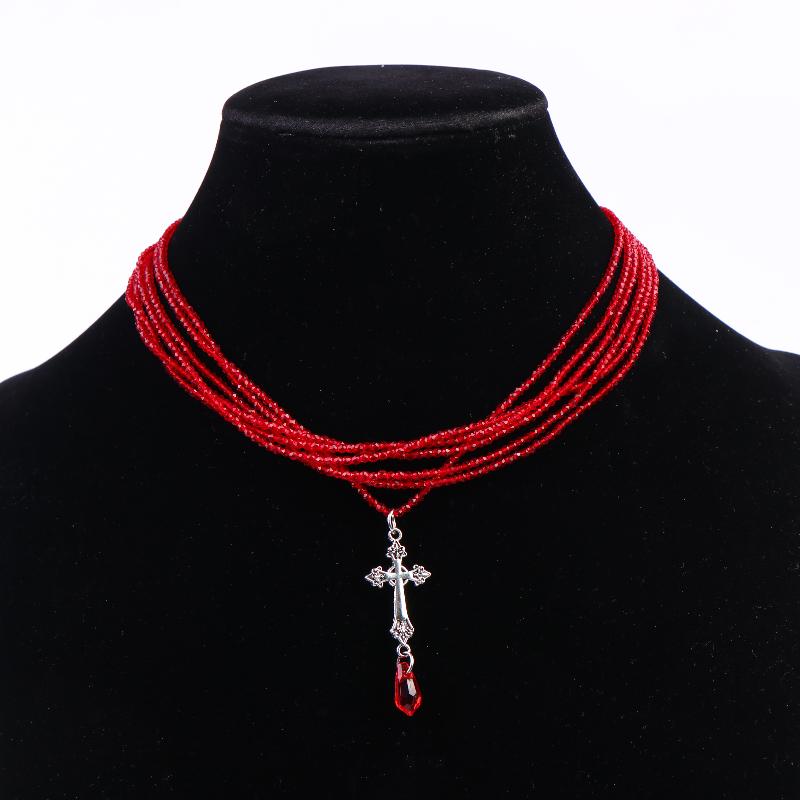 Y2K Gothic Cross Pendant Necklace For Women Red/Black Blood Drop Seed Beads Choker Vintage Halloween Girl Neck Jewelry Gift