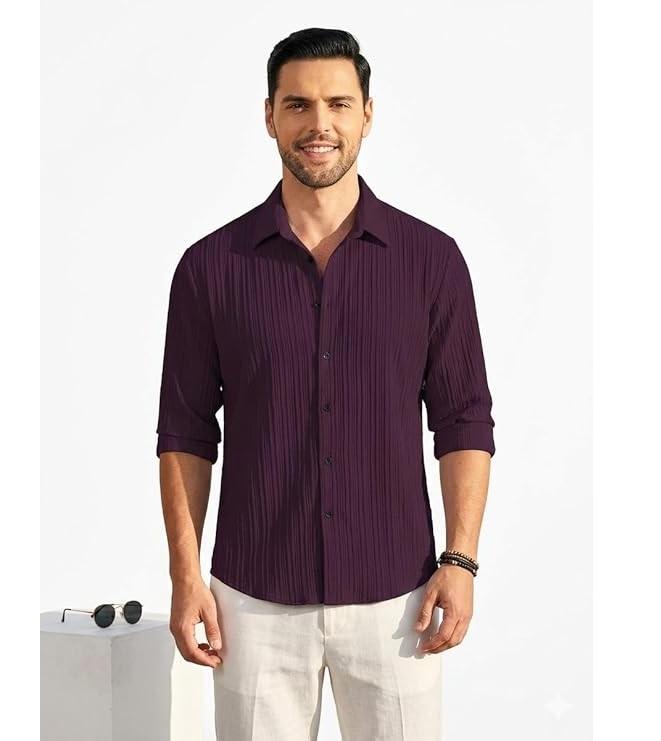 Men's Casual Button Down Shirts Long Sleeve Linen Shirt Fashion Textured Beach Summer Shirt