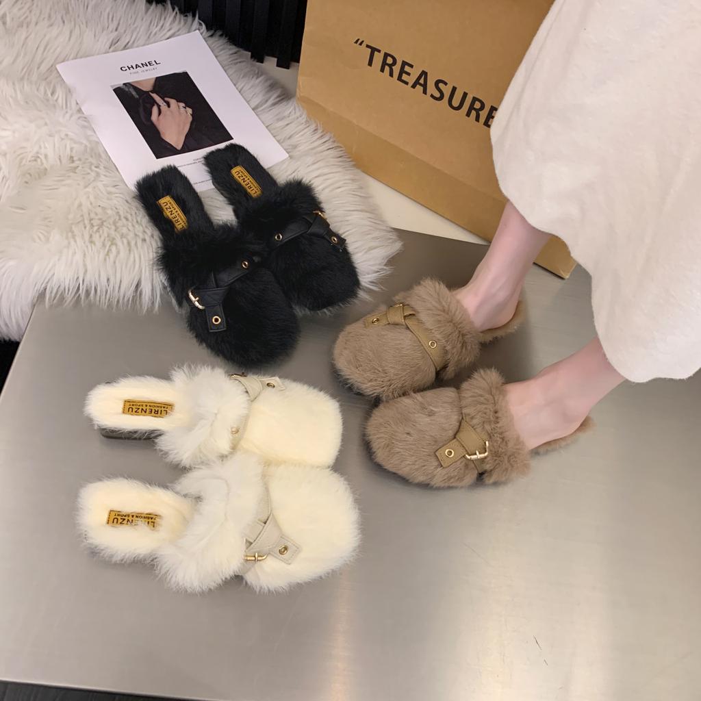 Flat bottom Internet celebrity plush small fragrant bag head fluffy half slippers women's autumn and winter wear 2025 new maternity cotton slippers
