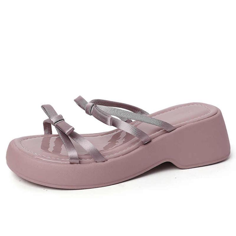 Butterfly-knot Platform Heel Women Slippers Concise Dress Street Style Slides Summer Ladies Outdoor Sandalias