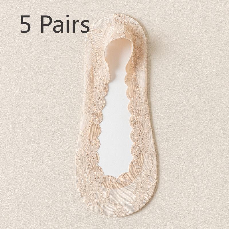 5 Pairs of Women's Spring Summer Thin Cotton Sole Lace Non Slip Boat Socks