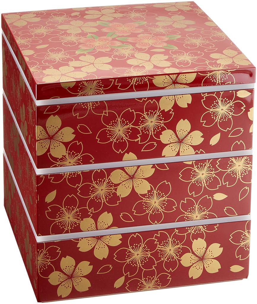 Maeju Lacquerware Jubako Hana no Mai Red with Traditional Yamanaka Serves Made in Product Number Three-Tiered Box, (Flower Dance) Stickers, Lacquer,