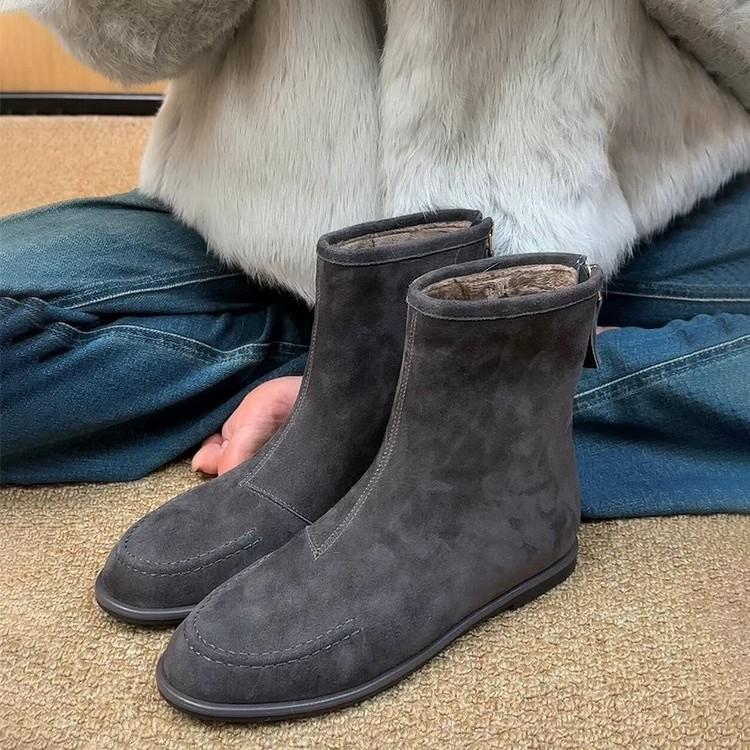 Korean Version of Niche Minimalist Suede Round Head Rear Zipper Flat Bottom Thin Boots Women's Autumn and Winter Versatile Martin Boots Short Boots