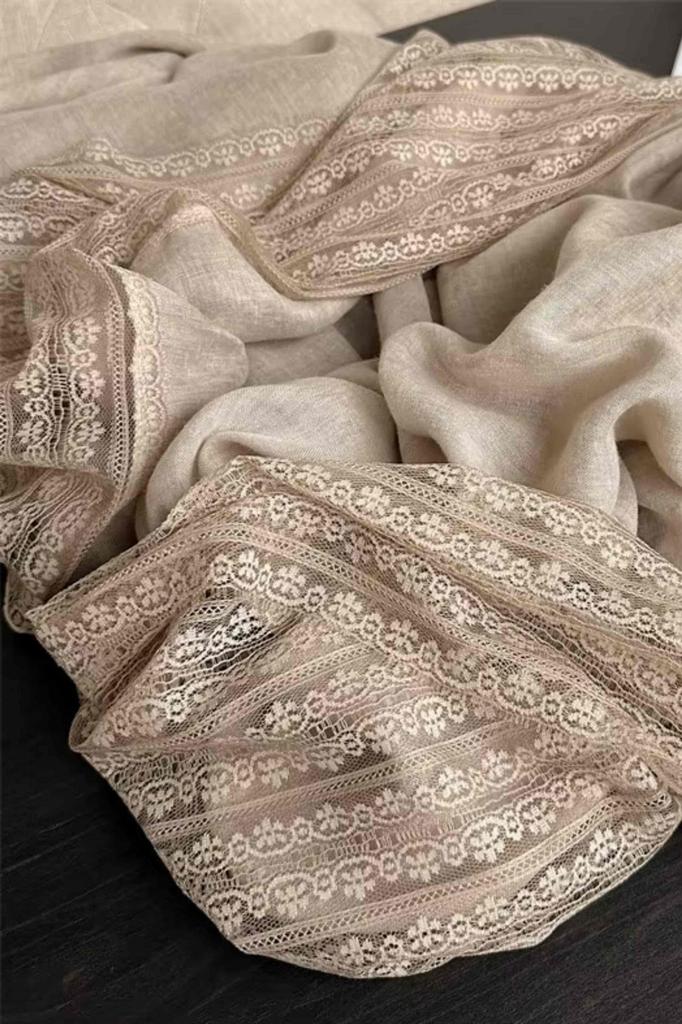 Dark Beige Shawl with Lace 180X90 - Cotton with Polyester