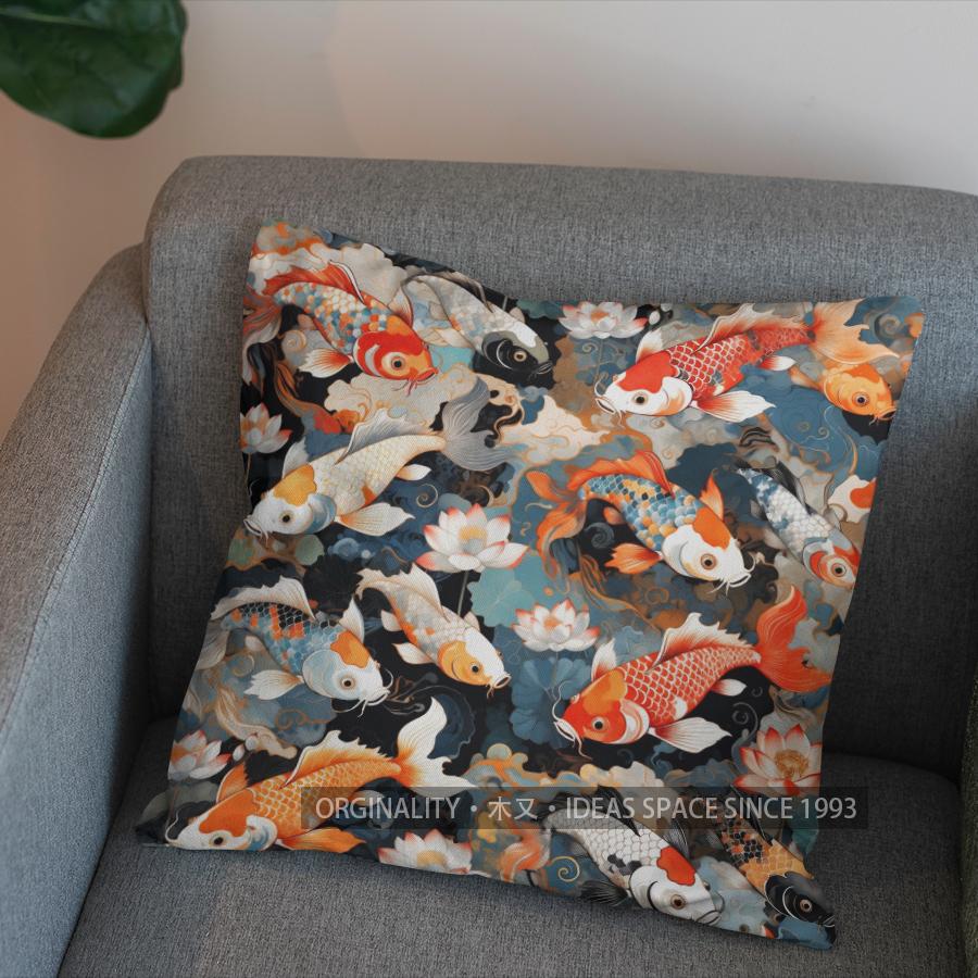 2D Colorful Koi Fish Pattern Decorative Pillow Cover Pattern Cushion Cover Suitable For Sofa Bedroom Car Pillow Cover