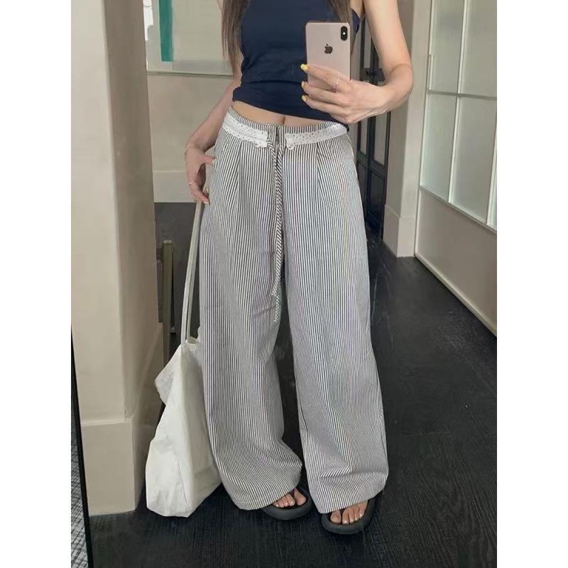 

Women s Tall Lace Stripe High Waist Wide Leg Pants - Spring/Autumn, Floor Length, Straight Leg (Size 26) Large
