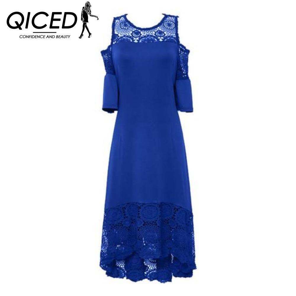 

QICED Вышивка Кружево Пэчворк Большой Размер Женское Платье Клеш Короткий Рукав Холодное Плечо Высокая Талия XXXXXL синий