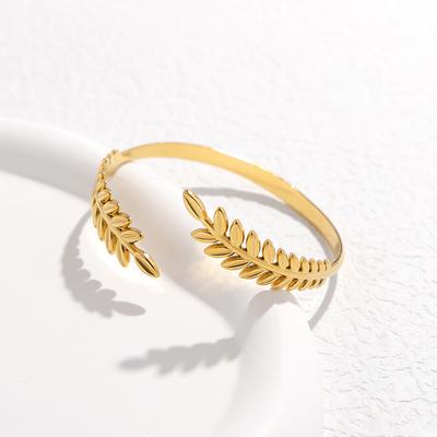 Stainless Steel Gold Plated Bracelet Fashion Personality Leaf  Shaped Open Adjustable Bangle for Women No Fade Jewelry