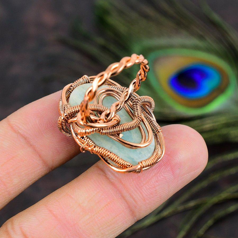 Natural Amazonite Gemstone Handmade Copper Wire Wrap Gift Ring Size 8 Z8Y72