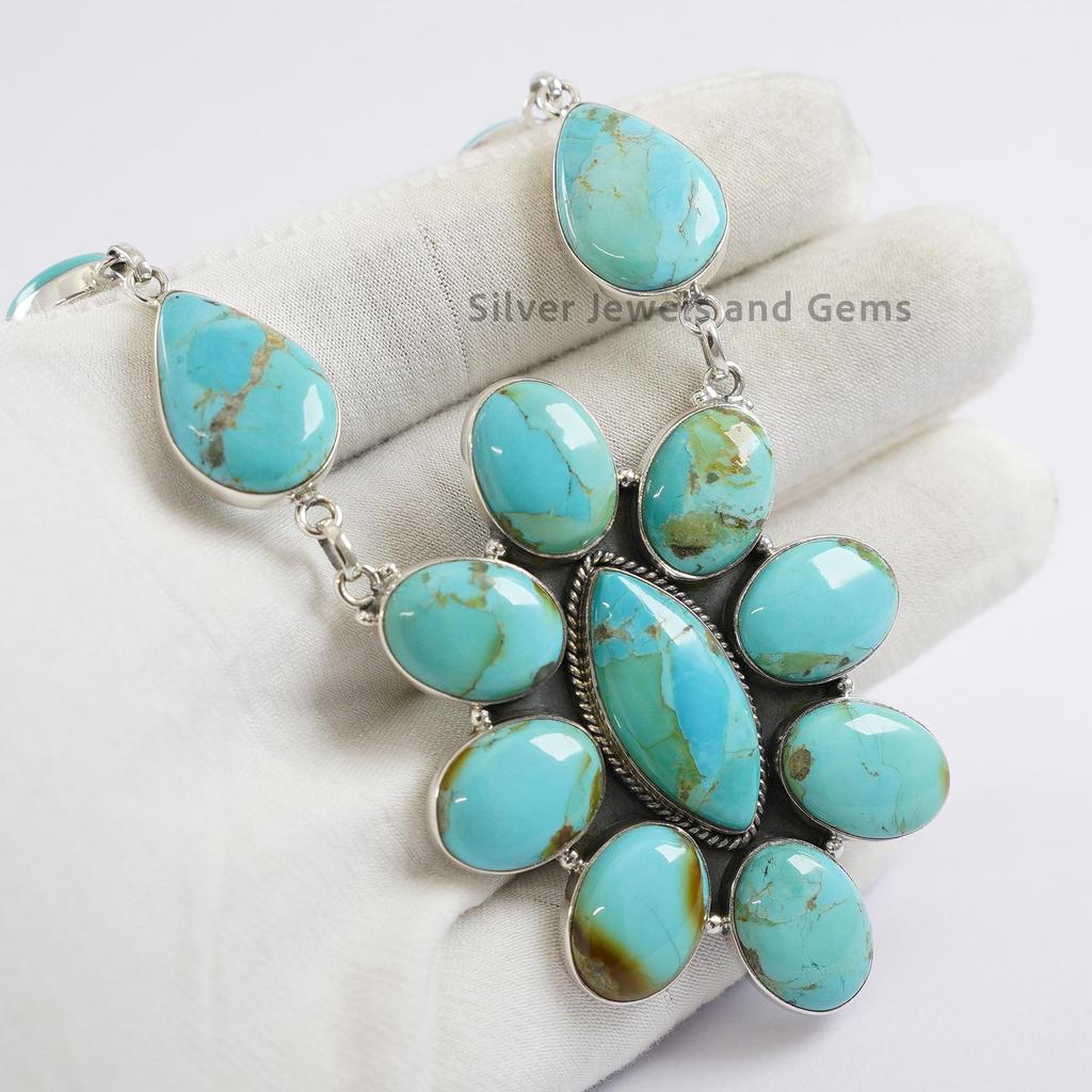 Kingman Turquoise Statement Necklace, 925 Sterling Silver Cluster Necklace