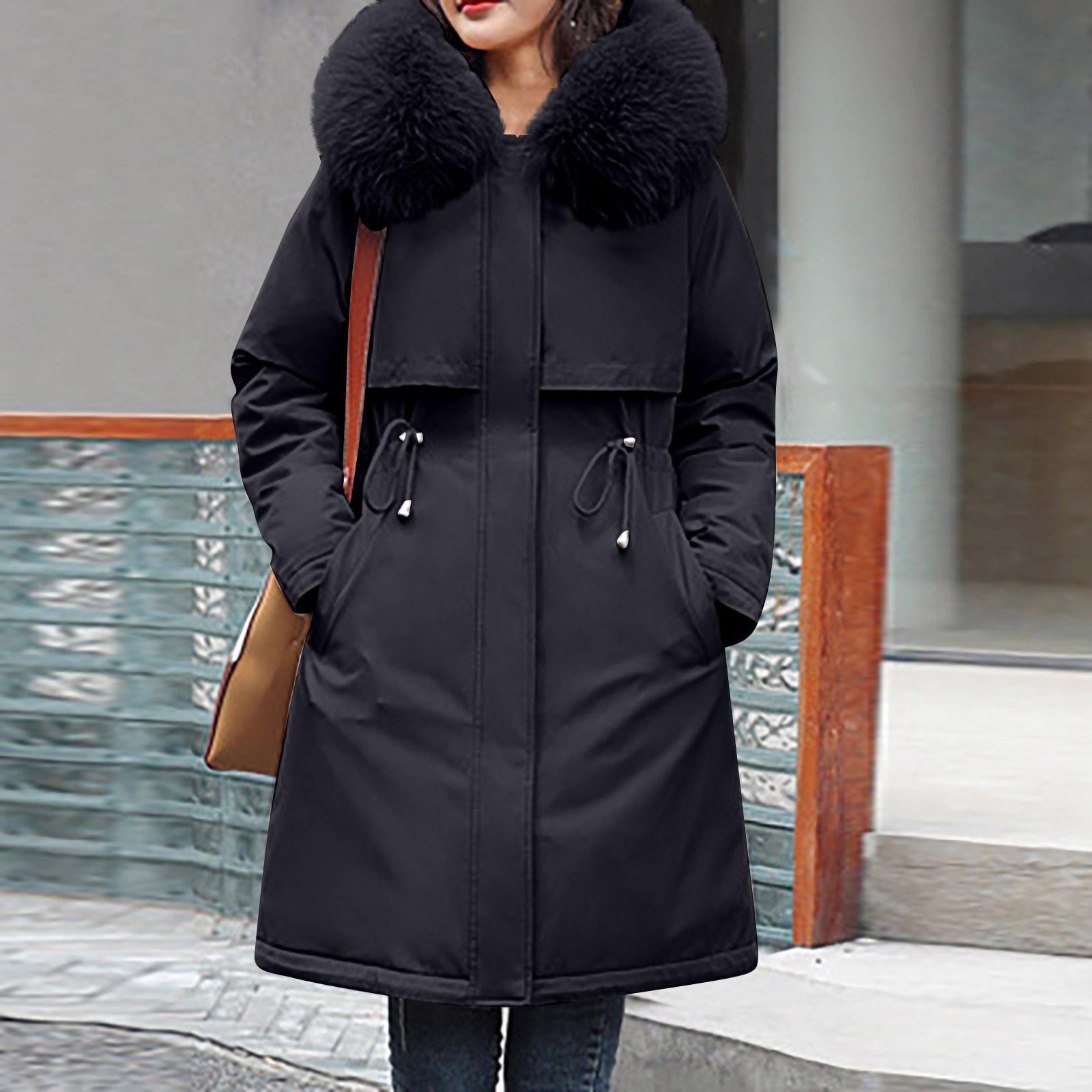 

Женская модная повседневная однотонная хлопковая куртка с капюшоном и плюшевой застежкой-молнией и пуговицами средней длины с длинными рукавами XXXL чёрный