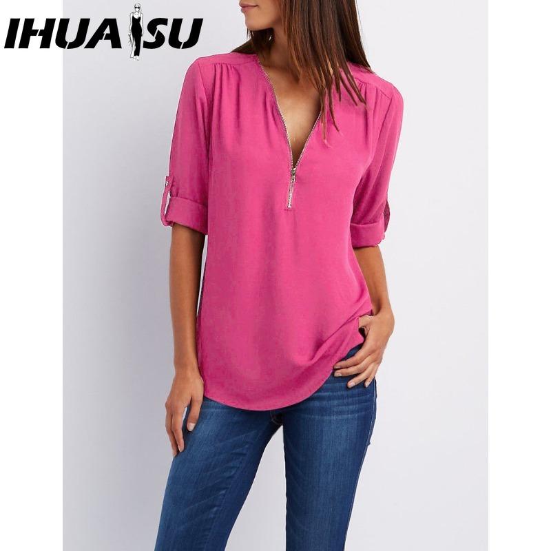 IHUASU Women's Fashion Casual Solid Color Print Short Sleeve POLO Neck Blouses & Shirts