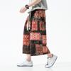 2022 Men's Summer Chinese Print Cotton Linen Capri Pants, Plus Size, Casual Wide Leg Style
