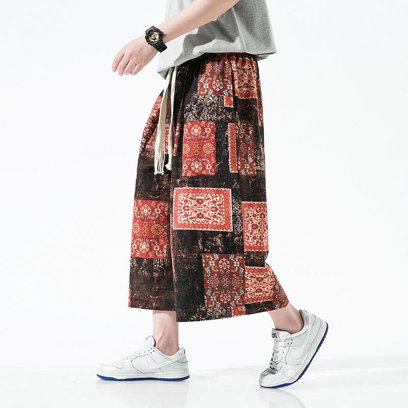 2022 Men's Summer Chinese Print Cotton Linen Capri Pants, Plus Size, Casual Wide Leg Style