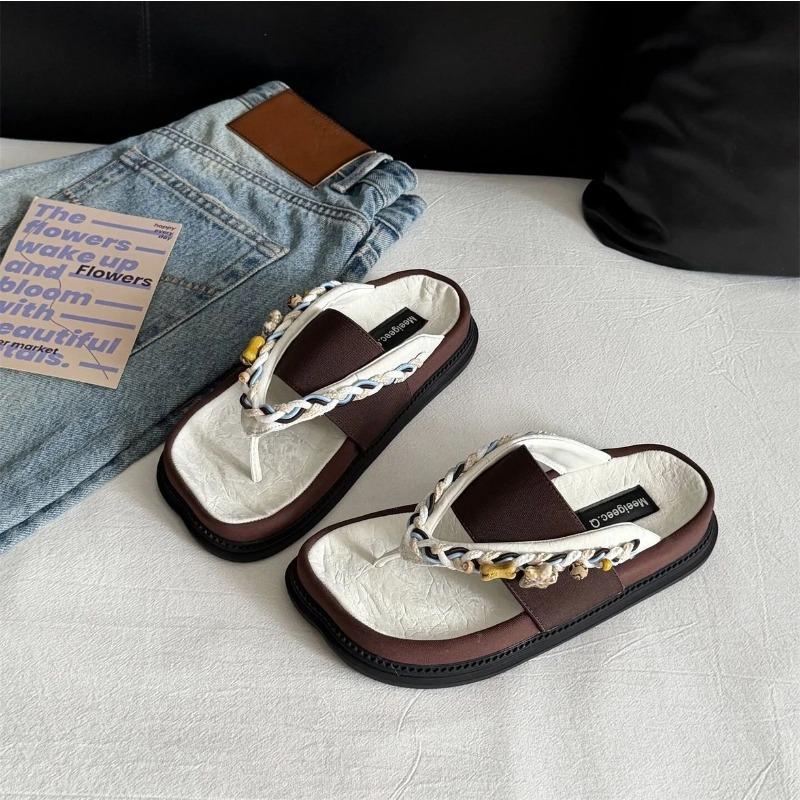 New Round Head Pinch Foot Flat Bottom Cool Slippers Roman Style Roman Sandals Soft Sole Light and Comfortable Outside Wear Cool