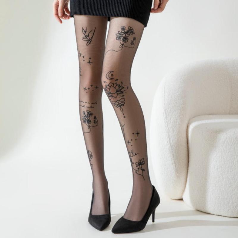 1Pcs Sheer Breathable Silk Stockings Sexy Flower Letter Tattoos Pantyhose High-Waisted Elastic Long Socks Daily Wear Women Tight