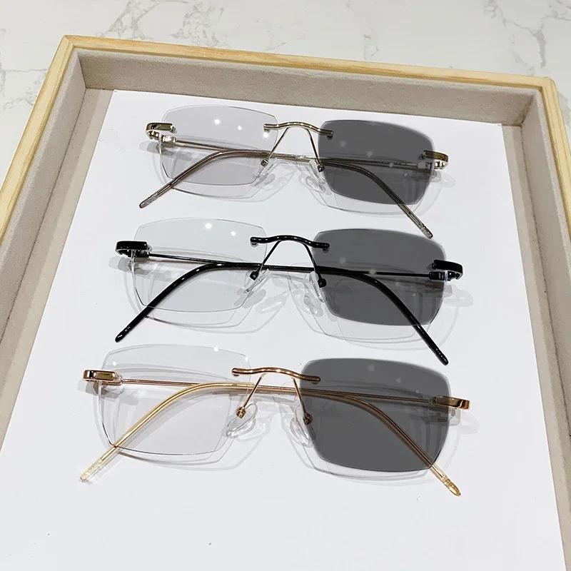 Vintage Rimless Square Photochromic Myopia Glasses New Fashion Women Men Anti Blue Light UV Sunglasses Optical Diopter Eyewear