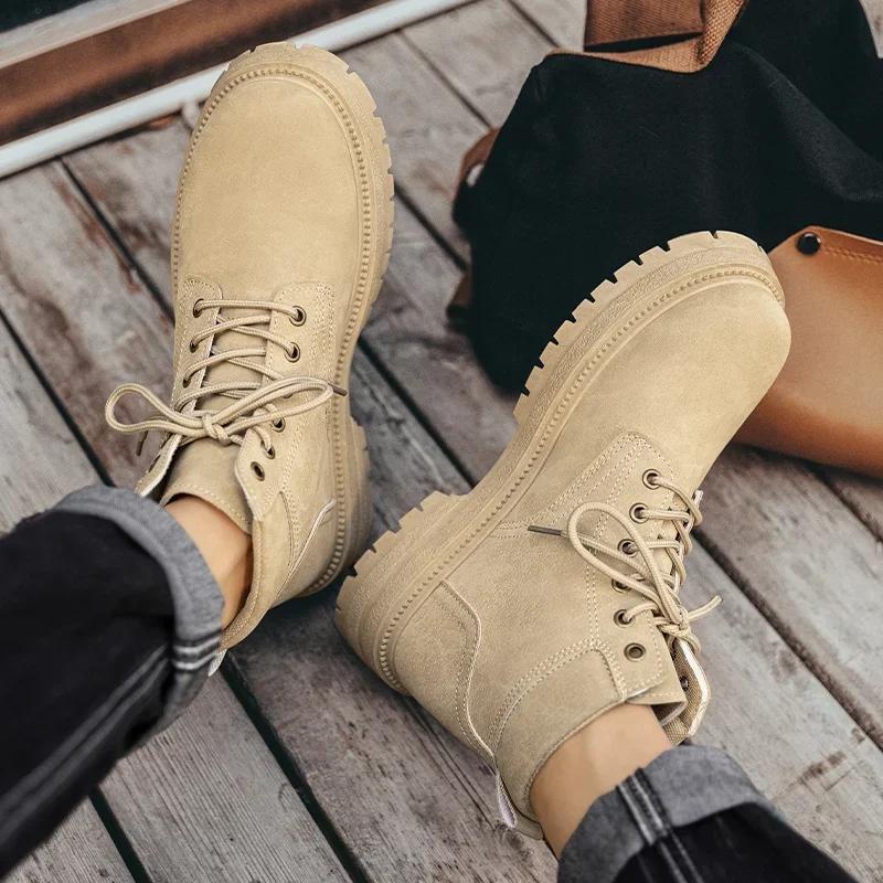 Men's Vintage Suede Ankle Boots Autumn Combat Boots Fashion Lace Up Winter Outdoor Warm Leisure Shoes Lace Up Botas