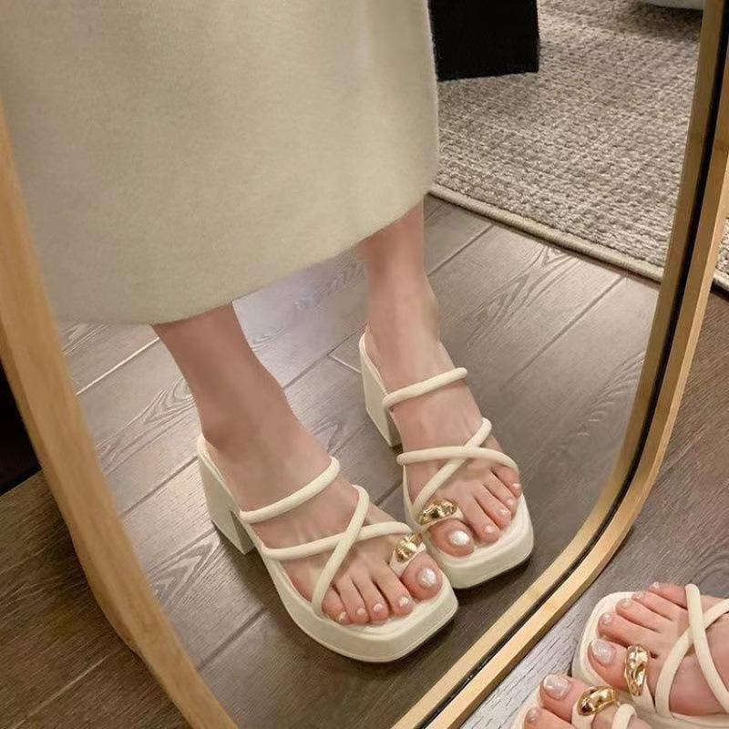 Fashion Thick Heel Thick Sole High Heel Cool Slippers Women's Summer New Fashion Versatile Non-slip Toe Flip-flops Women
