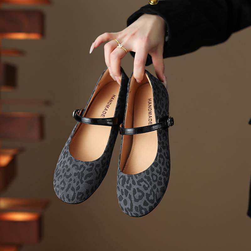 Krazing Pot Piele intoarsa Varf Rotund Marimea 42 Tocuri Joase Curele cu Catarama Imprimeuri Leopard Pompă de Toamnă Vintage cu Platformă