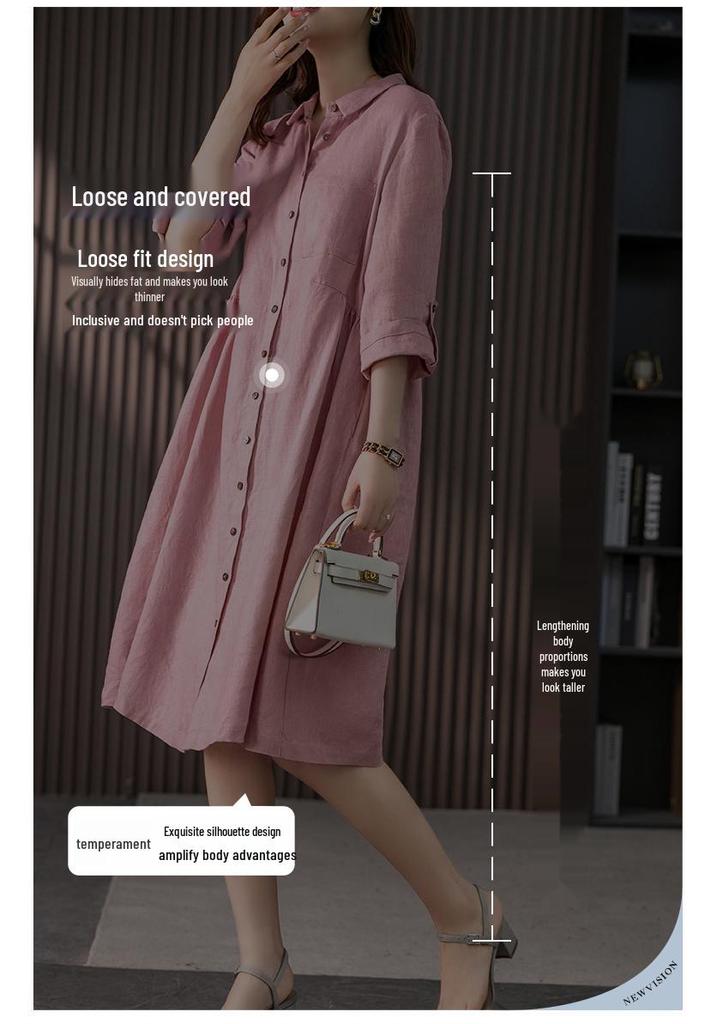 2025 Spring/Autumn Artistic Casual Loose Plus Size Women's Linen Slimming Shirt Dress
