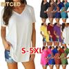 Women's Fashion Casual Solid Color Print Short Sleeve V Neck Blouses & Shirts