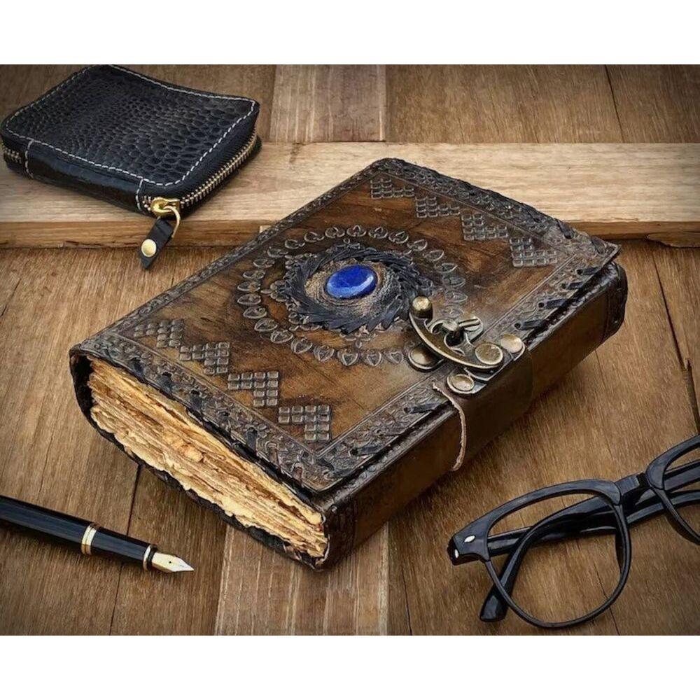 Beautiful Brown Leather Journal with Healing Stone Clasp Lock Blank Spell Book