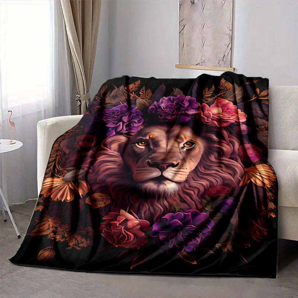 1Pc Lion Amidst Floral Splendor Flannel Blanket, Soft And Comfortable, Casual Warm, Camping Travel, Christmas, Halloween Xmas Gift. G1130