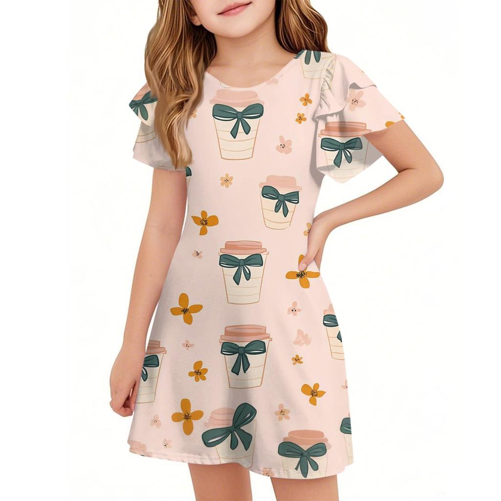 Children's Ruffled Sleeve Dress, Girls' Summer Round-neck A-line Cute Printed Casual Dress
