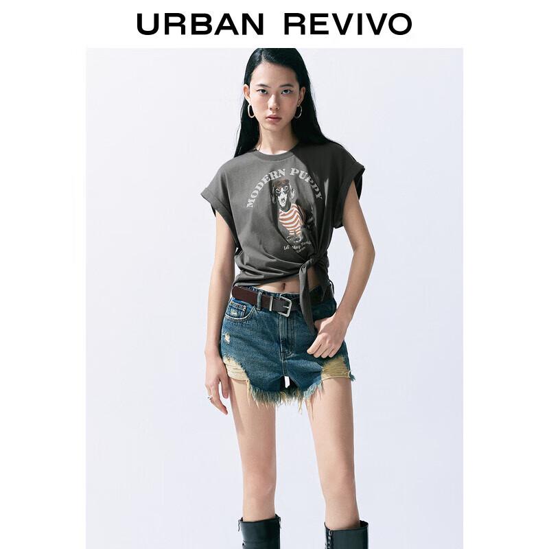 UR 2025 Summer Cute Pet Print Tie-Detail T-Shirt XL