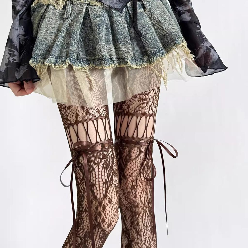 Spring/Summer Hollow Lace Bow Tie Mesh Pantyhose, Y2K Style Tights, Japanese Retro Drawstring Mesh Pants