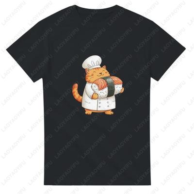 Sushi Cute Cat Unisex Adult Cotton TShirt Adorable Chef Kitten Funny Japanese Food Aesthetic Oneck Printed Tops Holiday Tee