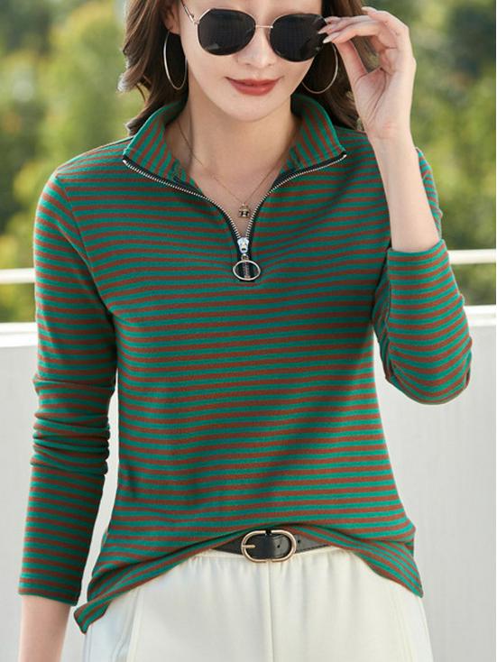 Women's Striped Pure Cotton Long Sleeve T-Shirt, Autumn/Winter 2025, Fashionable Slimming Base Layer with Zippered Stand Collar