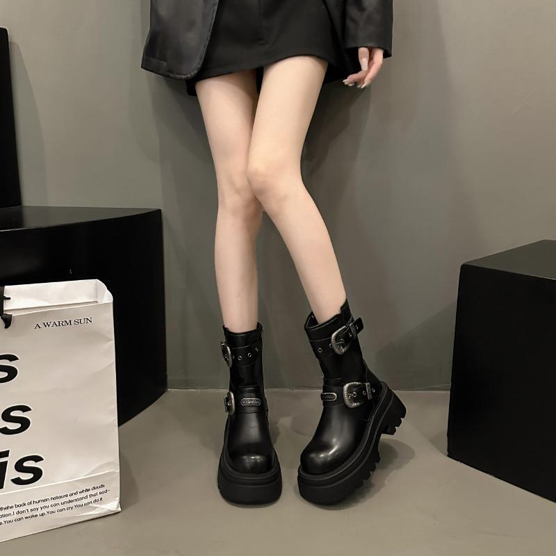 Fashion Women Ankle Boots 2025 Winter New Buckle Strappy Square Toe Mid Heels Chelsea Boots Leather Zippers Women Knight Boots