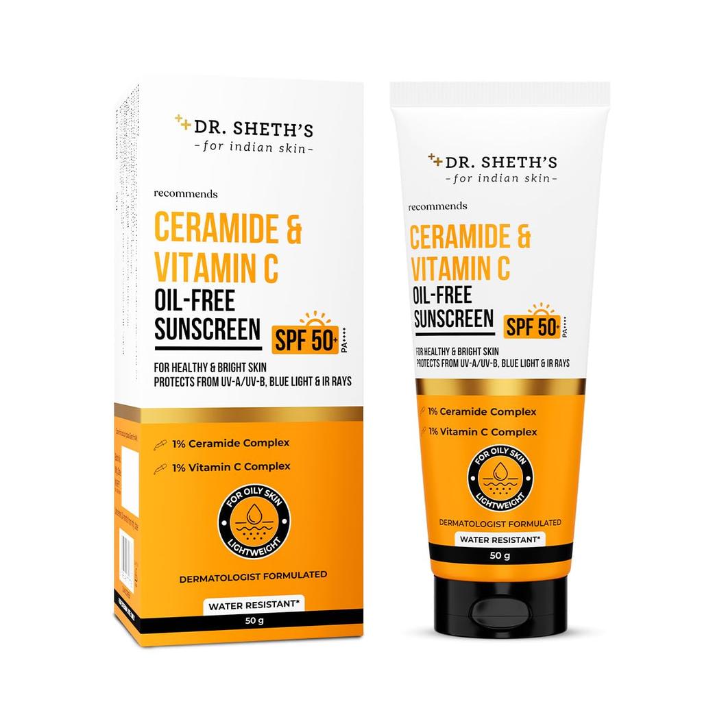 Dr. Sheth's Ceramide & Vitamin C Oil-Free Sunscreen SPF 50+ PA++++ |In-Vivo Tested | For Healthy & Bright Skin | Lightweight & Non Greasy | For U