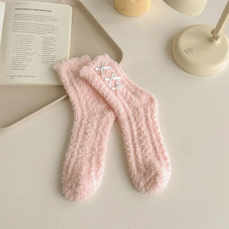 Hiver Automne Chaudes Pelucheuses Floues Chaussettes Nœud Épais Thermiques Douces Kawaii Mi-bas Corail Femme Polaire Sol Sommeil Chaussettes
