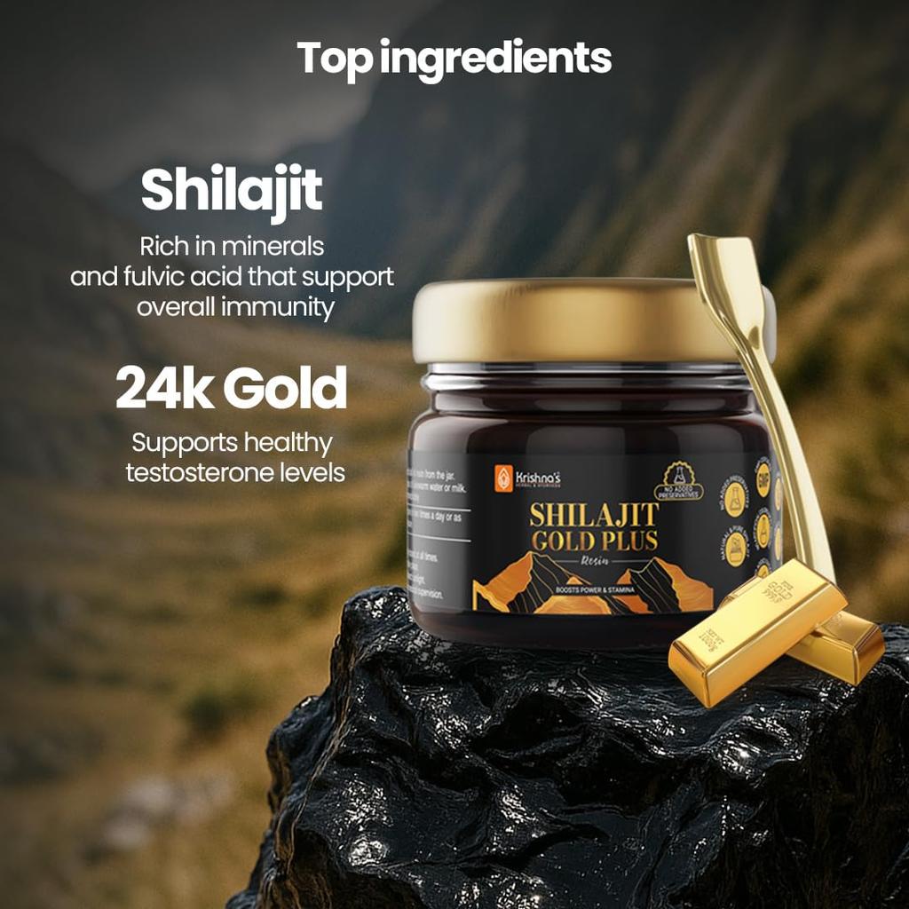 Resina Shilajit Gold Plus di Krishna, Resina Shilajit Himalayana Pura al 100%, Integratore Naturale di Minerali e Acido Fulvico, Senza Additivi - 20 g