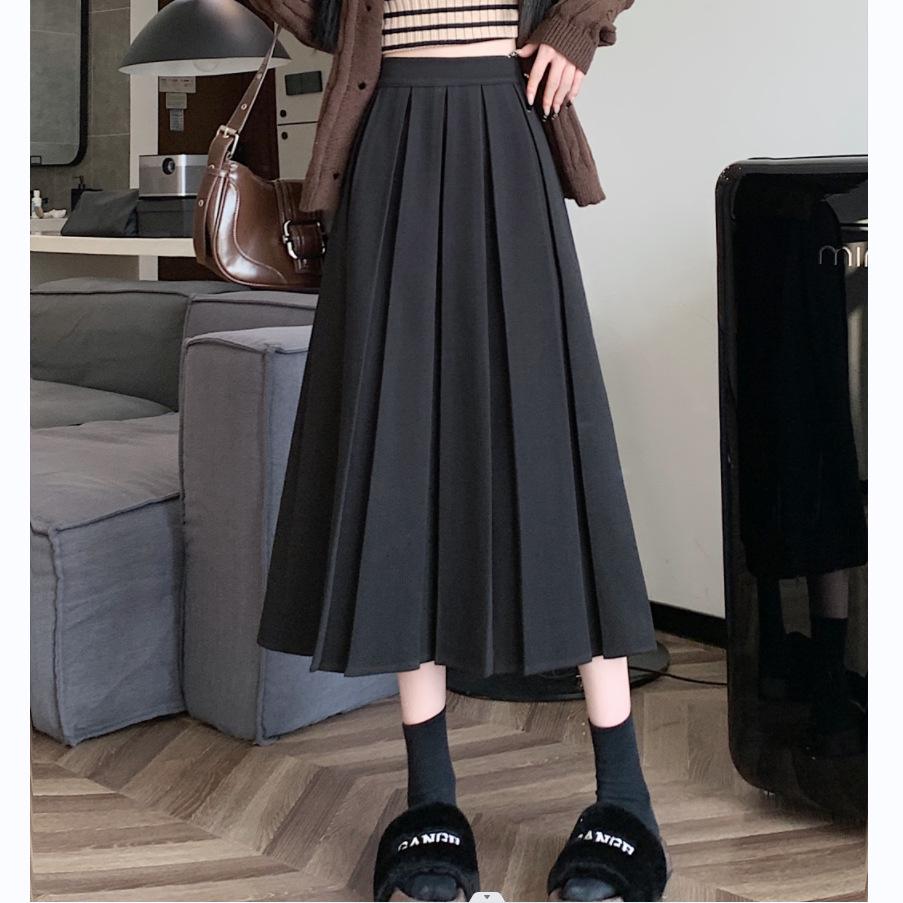 Plus Size Women's Woolen Pleated A-Line Midi Skirt, Age-Reducing Chic Design, Solid Color.
