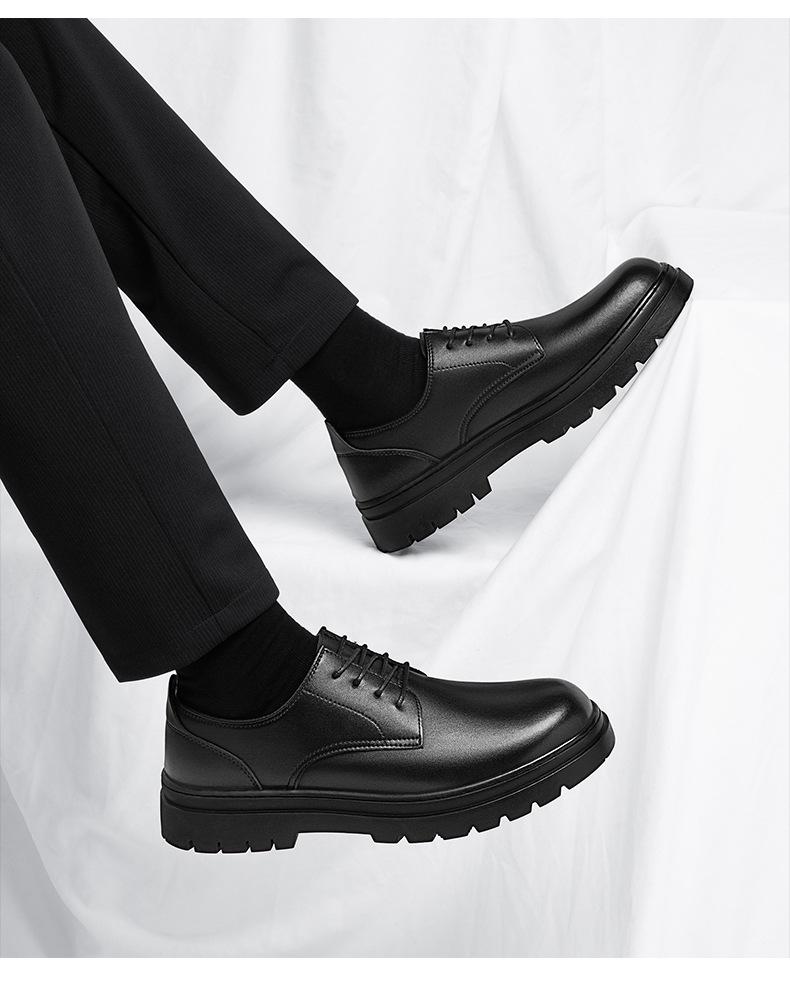 Men's Black Leather Derby Shoes - Winter 2025, Height Increasing, Thick Sole, Casual to Formal, with Plus Velvet for Warmth