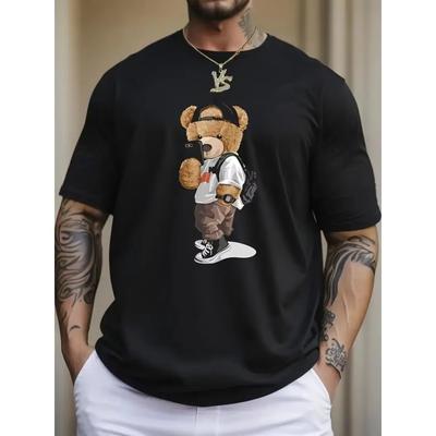 Cartoon Teddy Bear Print Men's Graphic Design Crew Neck Cotton T-Shirt Comfort T-Shirt, Everyday Resort Men's Clothing Top